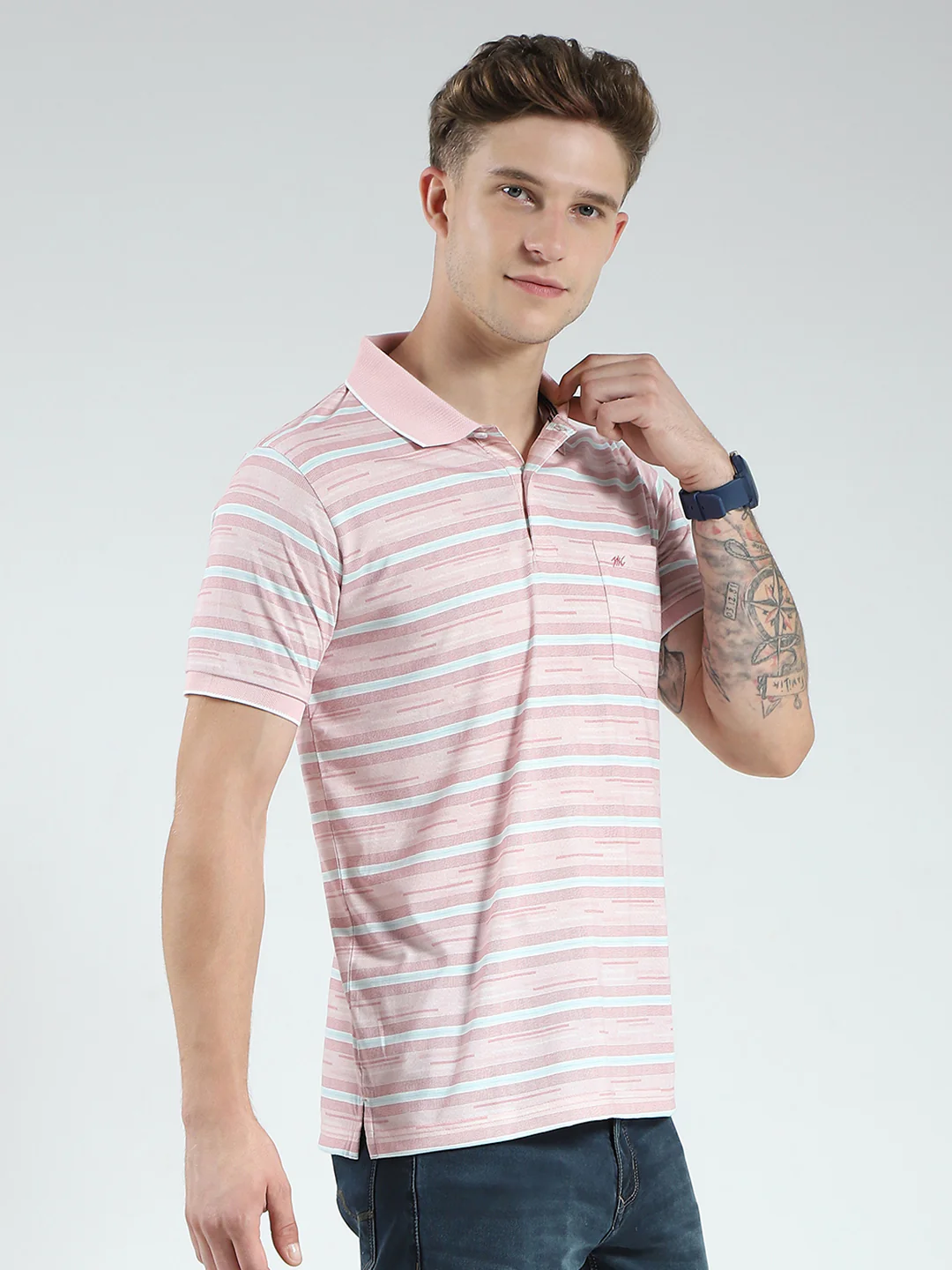 Men Peach Stripe Collar Half Sleeve T-Shirt - Image 4