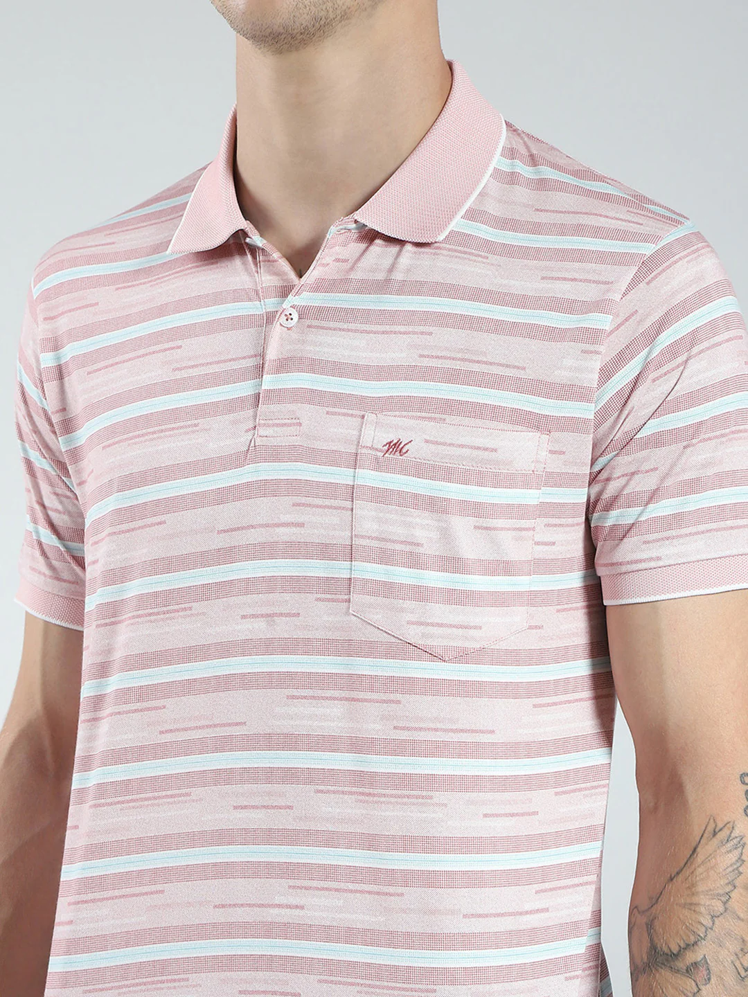 Men Peach Stripe Collar Half Sleeve T-Shirt - Image 6