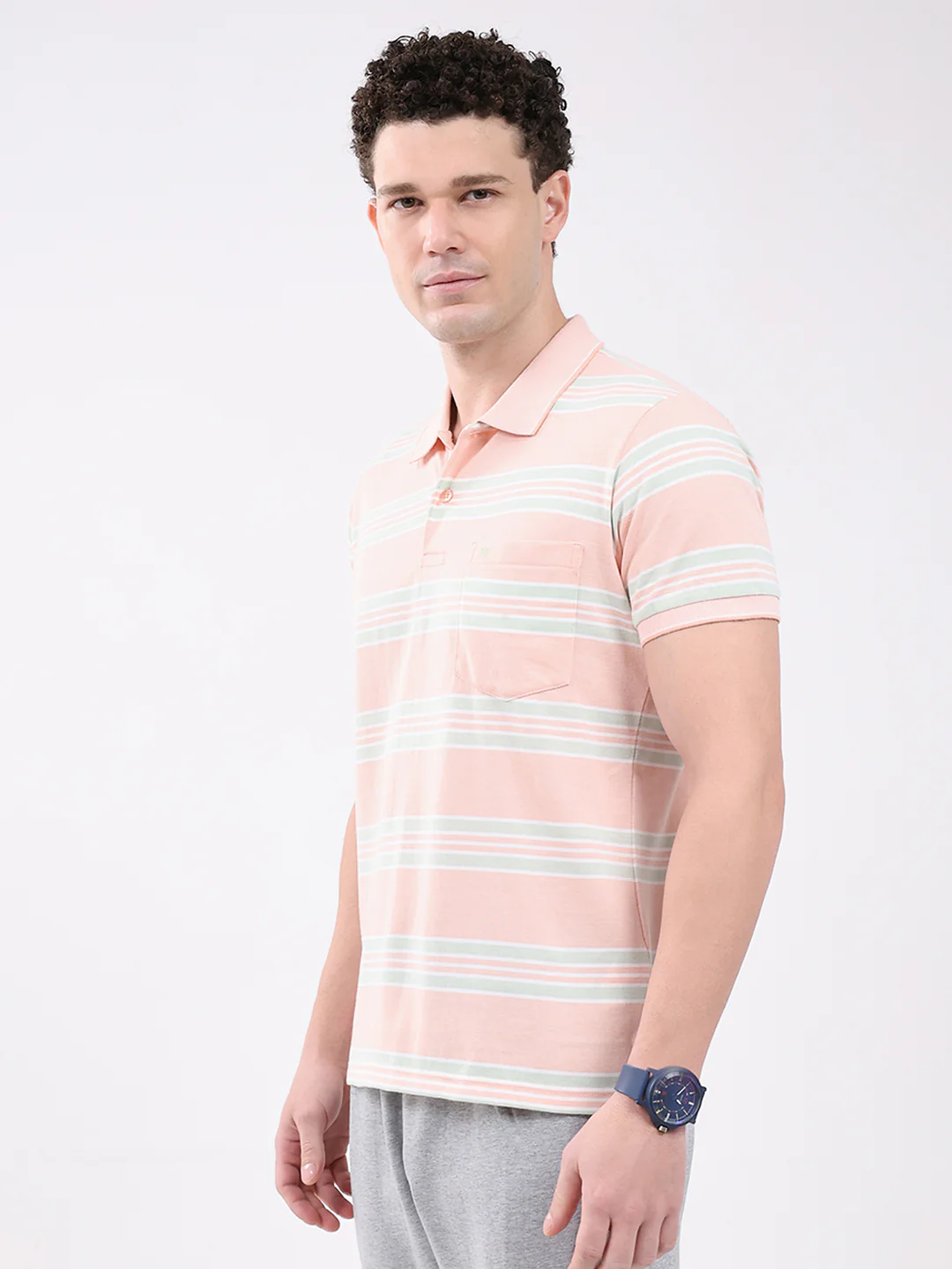 Men Peach Stripe Collar Half Sleeve T-Shirt - Image 4