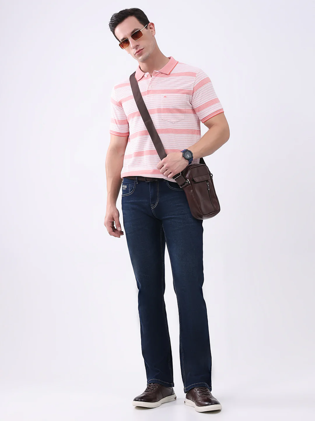 Men Peach Stripe Collar Half Sleeve T-Shirt - Image 2