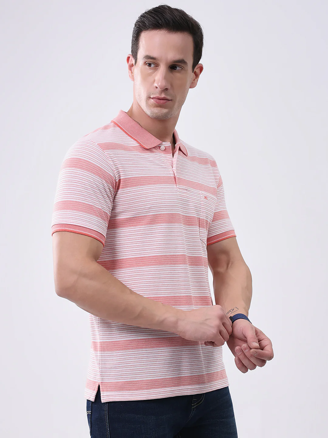 Men Peach Stripe Collar Half Sleeve T-Shirt - Image 4