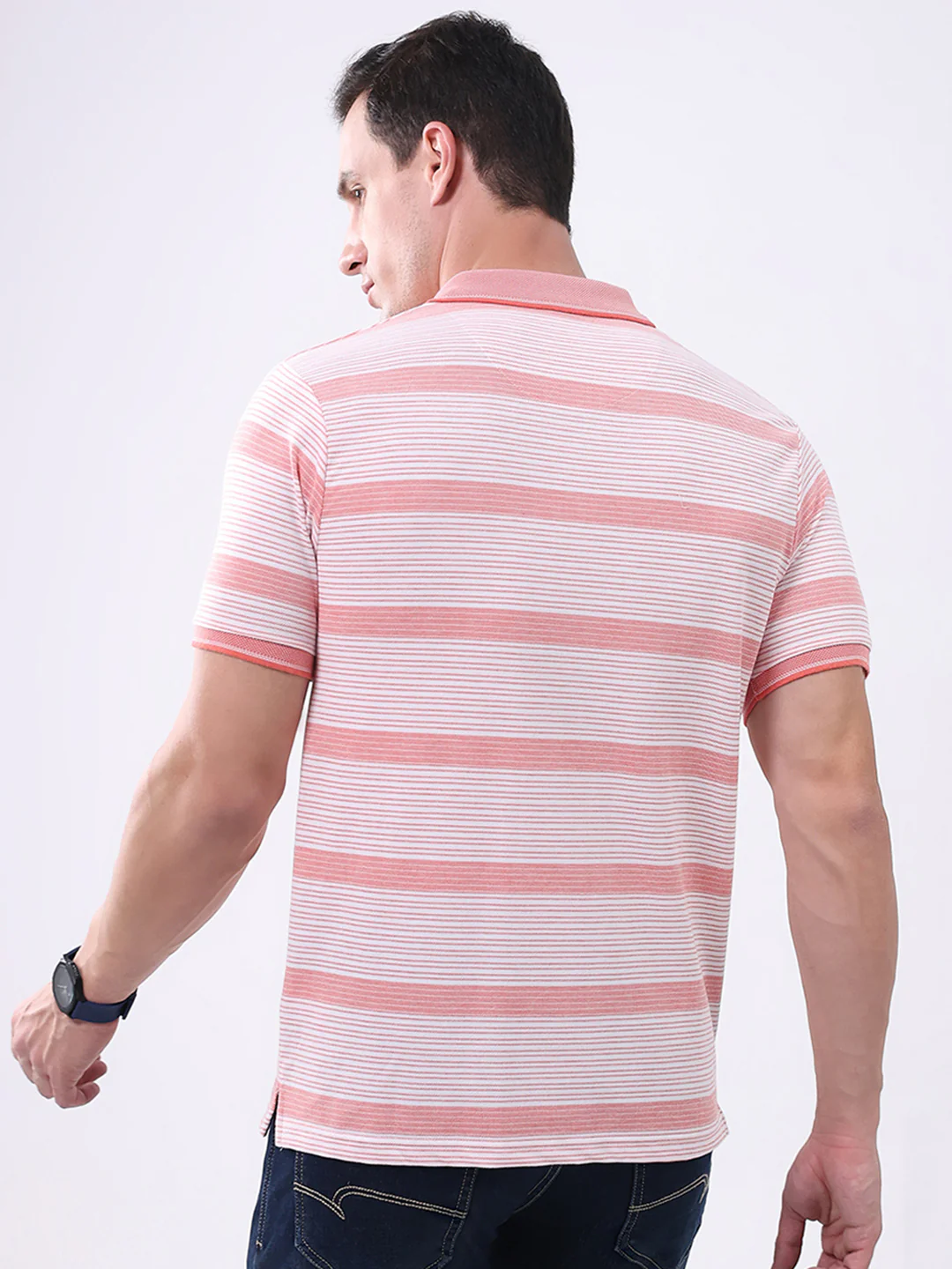 Men Peach Stripe Collar Half Sleeve T-Shirt - Image 5