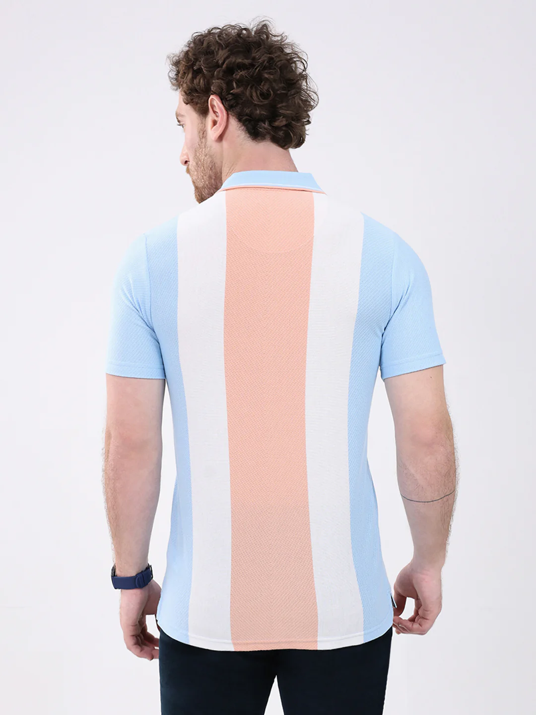 Men Peach Stripe Collar Half Sleeve T-Shirt - Image 5