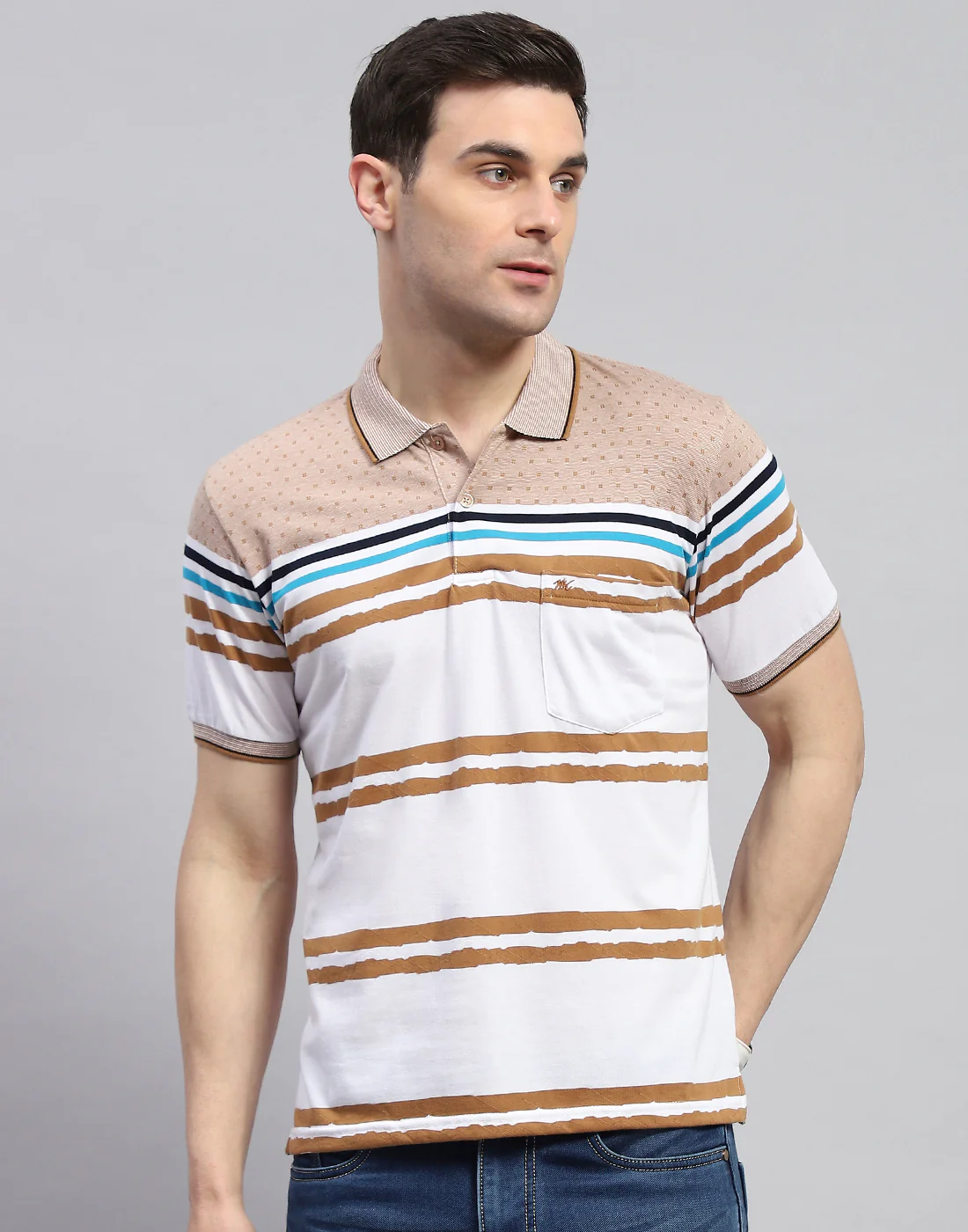 Men Peach Stripe Polo Collar Half Sleeve T-Shirt - Image 3