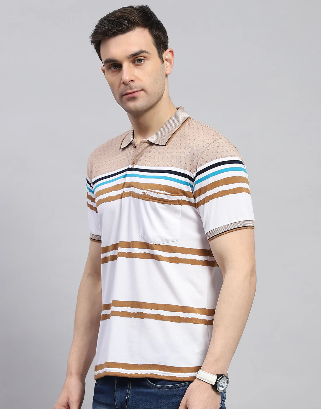 Men Peach Stripe Polo Collar Half Sleeve T-Shirt - Image 4