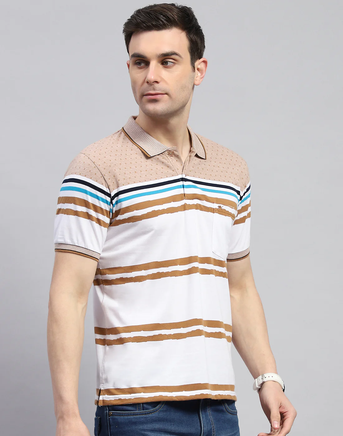 Men Peach Stripe Polo Collar Half Sleeve T-Shirt - Image 5