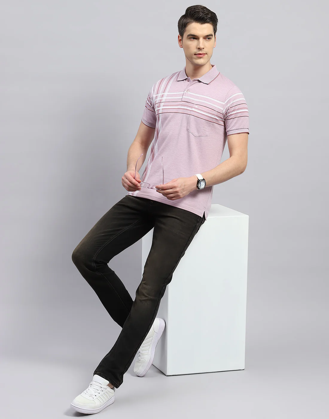 Men Peach Stripe Polo Collar Half Sleeve T-Shirt - Image 2