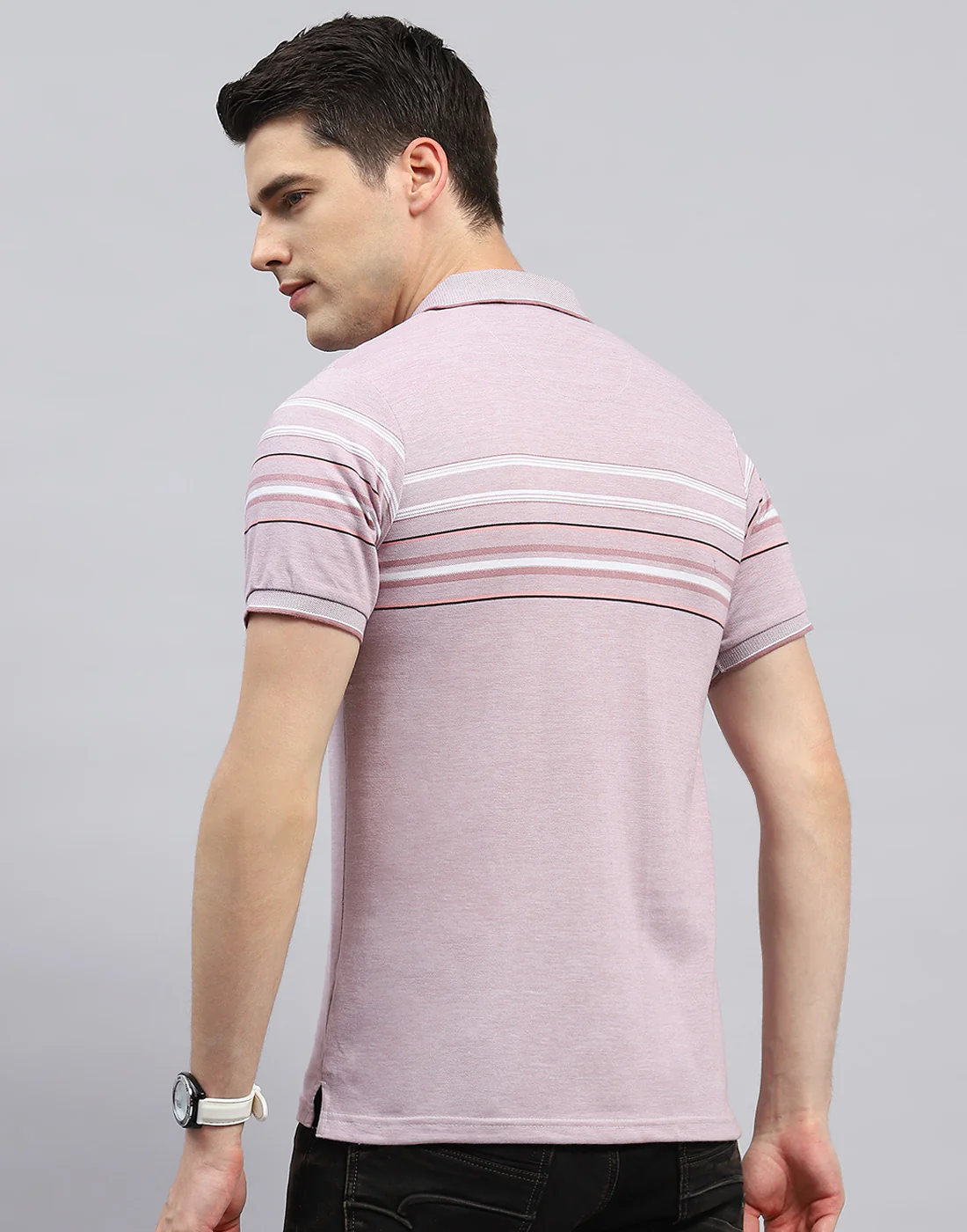 Men Peach Stripe Polo Collar Half Sleeve T-Shirt - Image 5