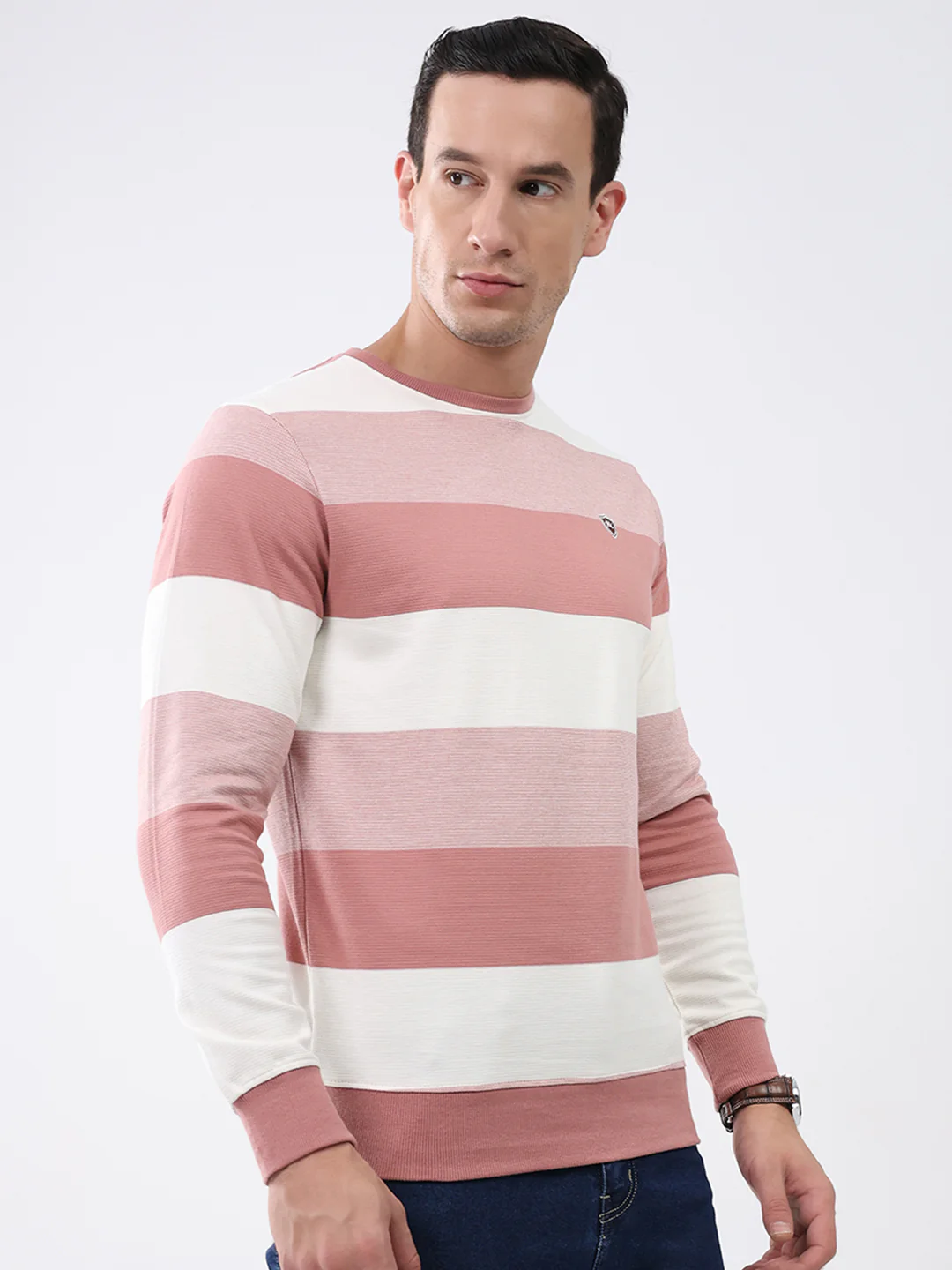 Men Peach Stripe Round Neck Full Sleeve Winter T-Shirt - Image 4
