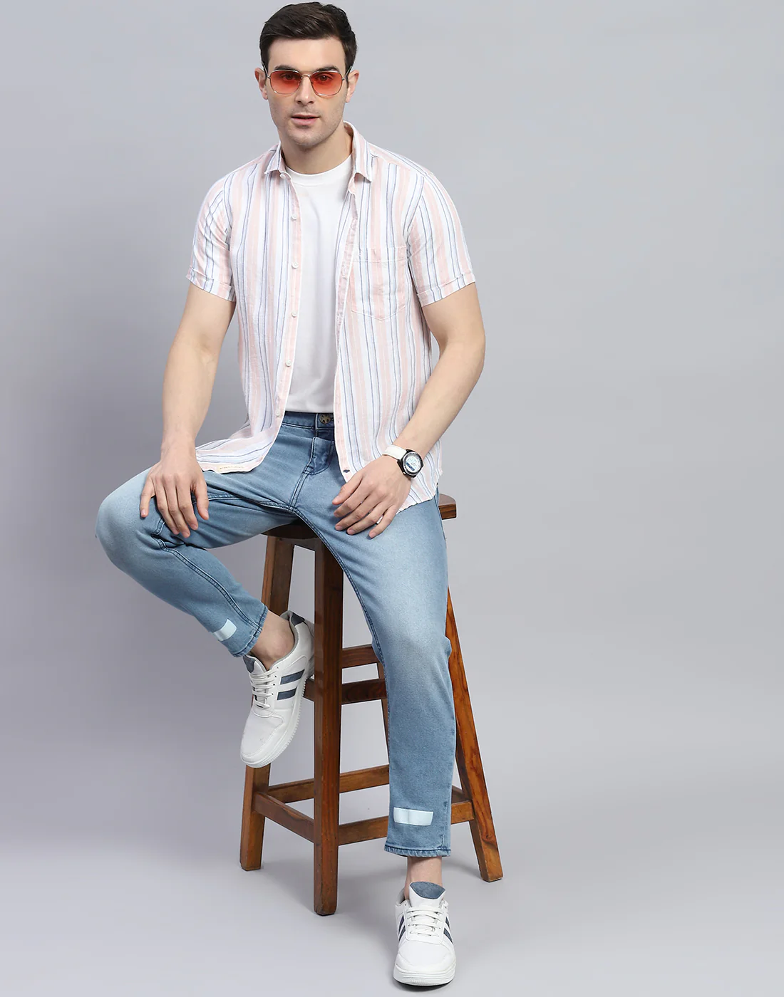 Men Peach Stripe Spread Collar Half Sleeve Linen Shirt - Image 2