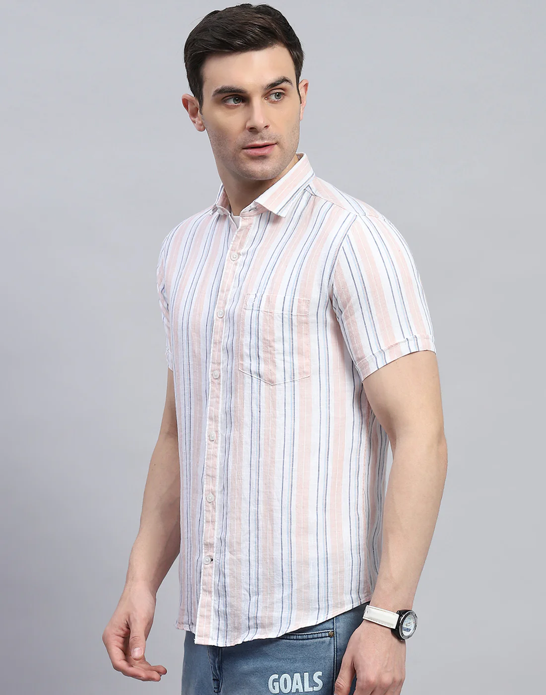 Men Peach Stripe Spread Collar Half Sleeve Linen Shirt - Image 4