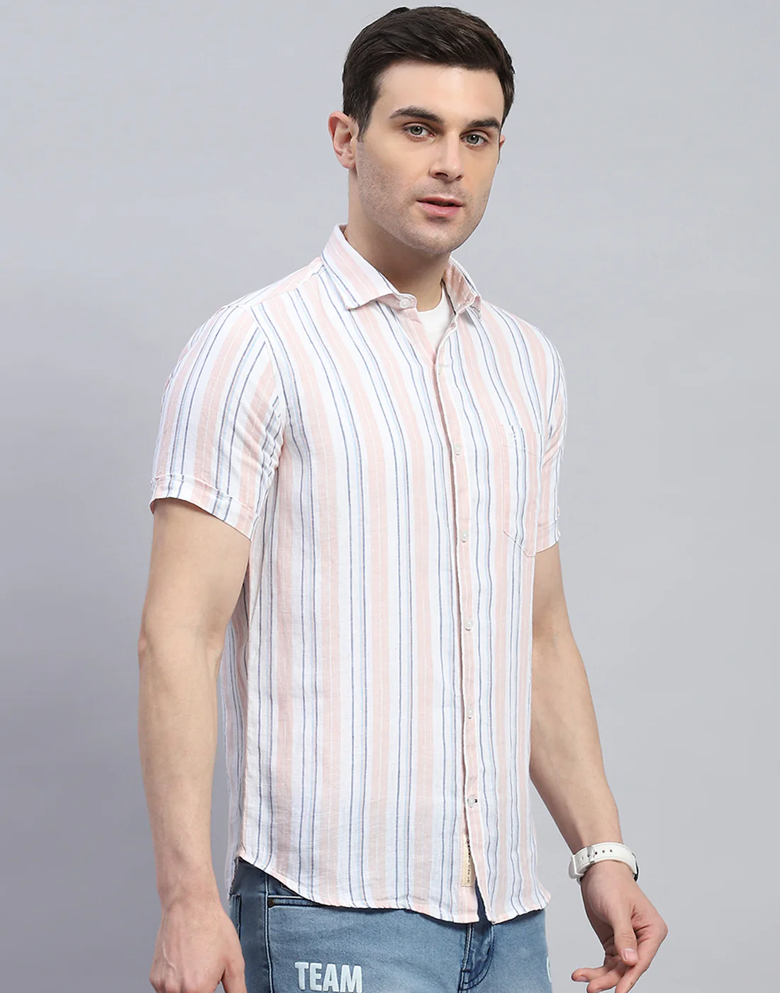 Men Peach Stripe Spread Collar Half Sleeve Linen Shirt - Image 5