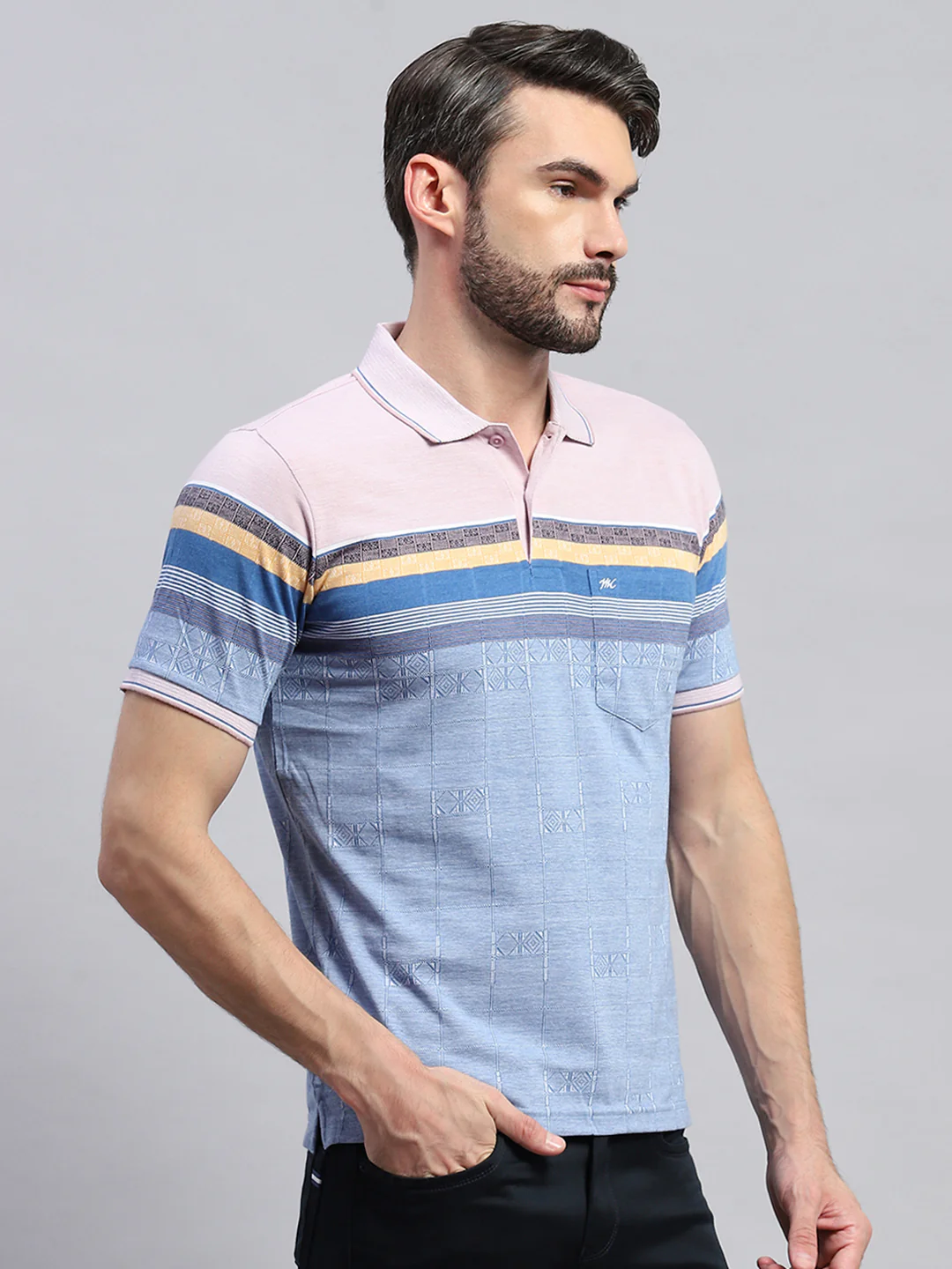Men Pink & Blue Stripe Collar Half Sleeve T-Shirt - Image 4