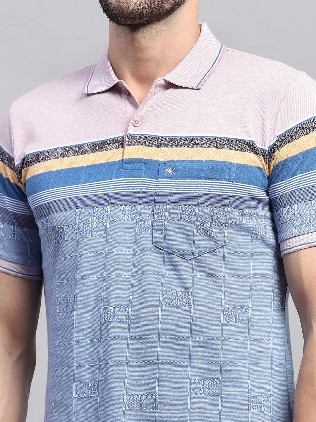 Men Pink & Blue Stripe Collar Half Sleeve T-Shirt - Image 6