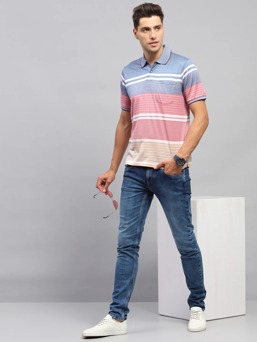 Men Pink & Blue Stripe Collar Half Sleeve T-Shirt - Image 2