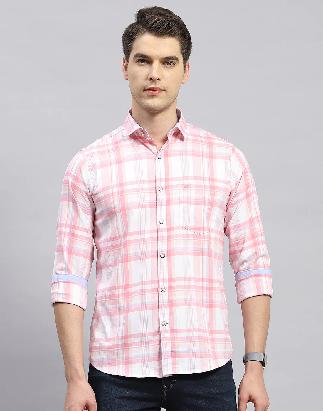 Men Pink Check Collar Full Sleeve Shirt - Image 3