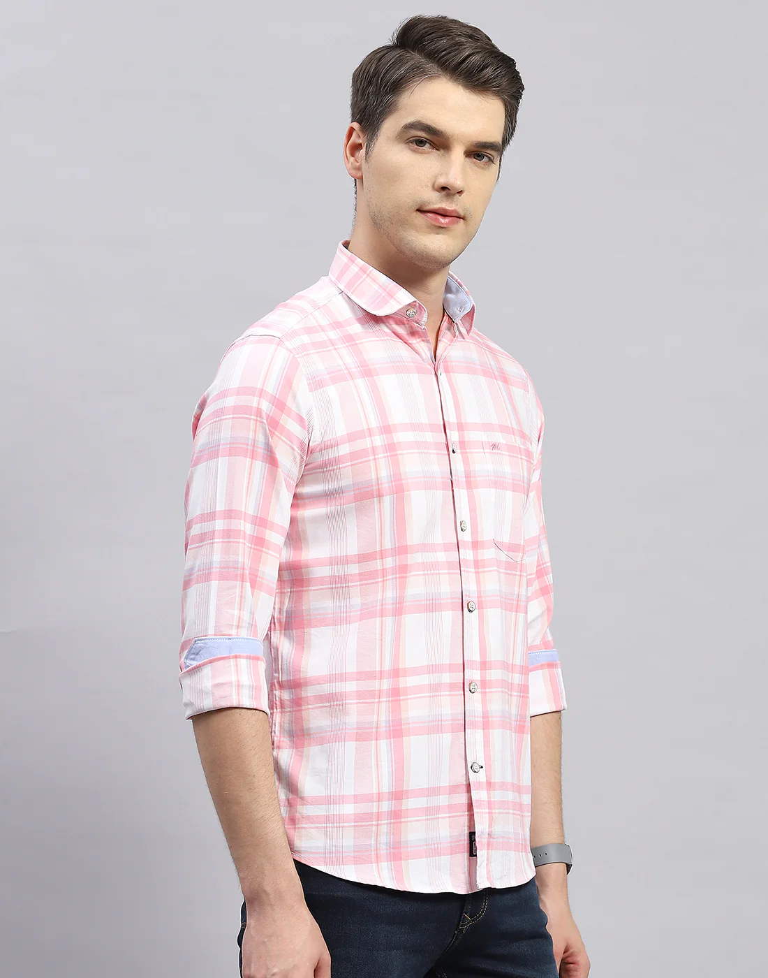 Men Pink Check Collar Full Sleeve Shirt - Image 4