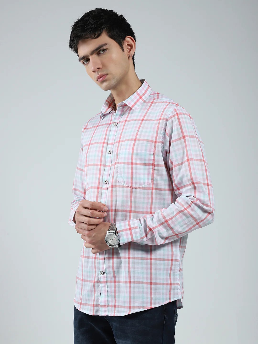 Men Pink Check Collar Full Sleeve Shirt - Image 3