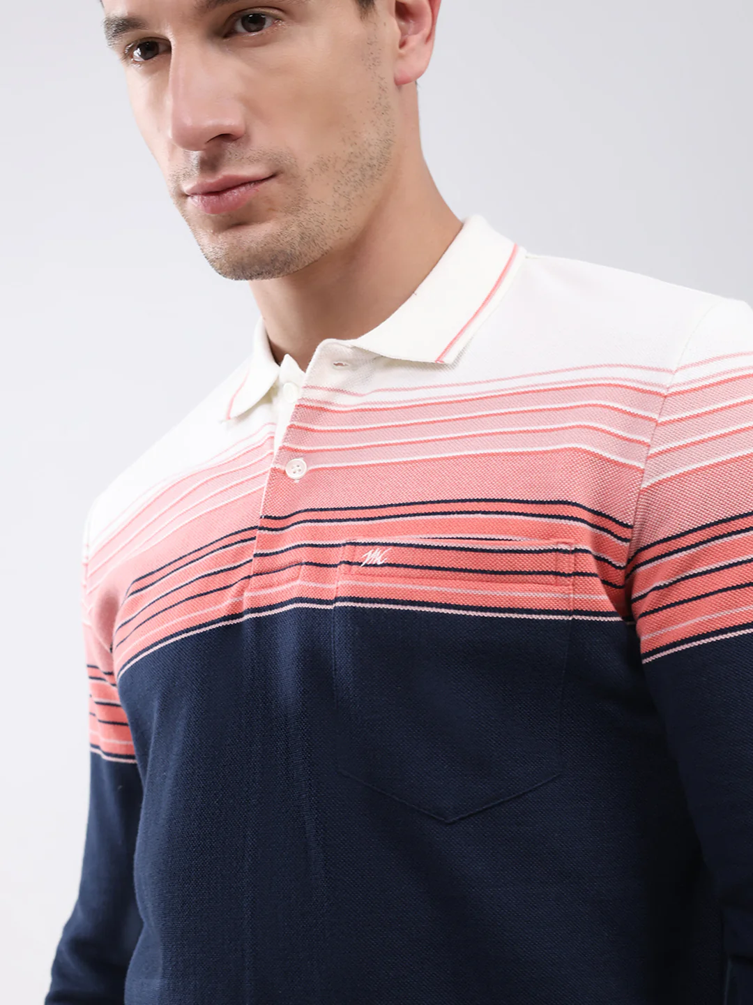 Men Pink & Navy Blue Stripe Collar Full Sleeve Winter T-Shirt - Image 6