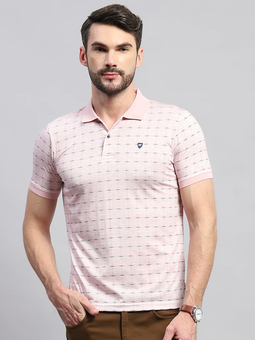 Men Pink Printed Collar Half Sleeve T-Shirt - Image 2