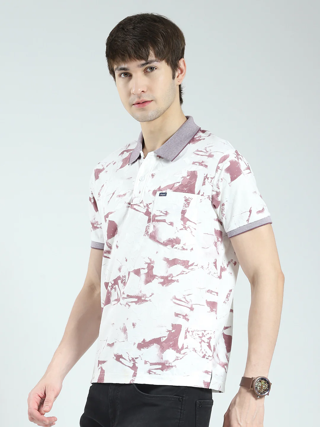 Men Pink Printed Collar Half Sleeve T-Shirt - Image 3