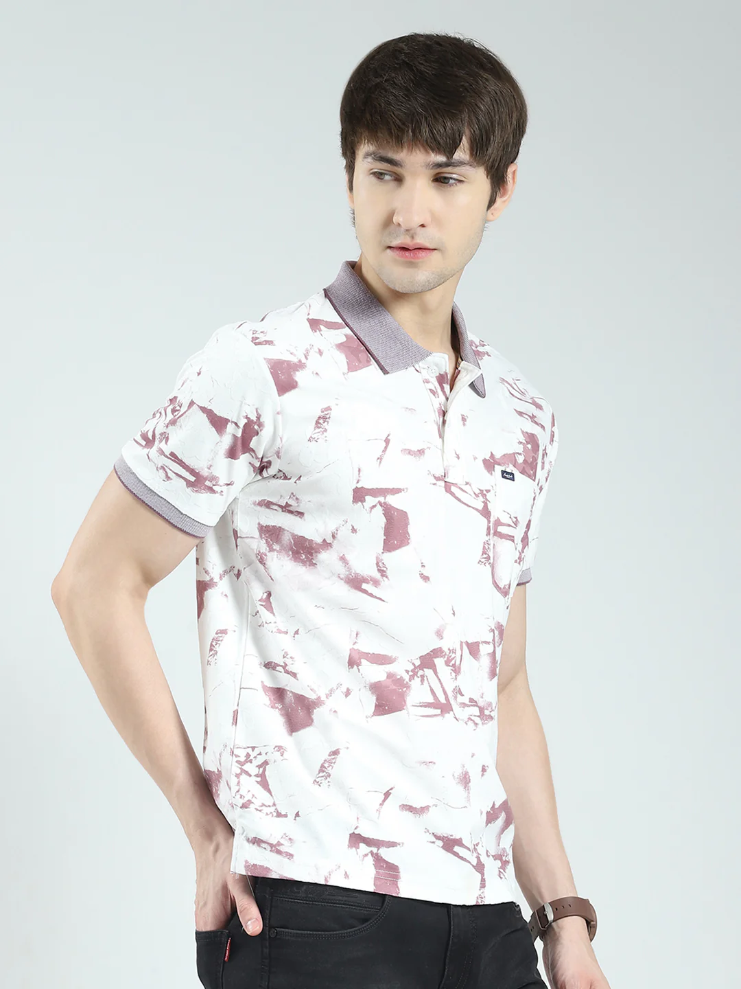 Men Pink Printed Collar Half Sleeve T-Shirt - Image 4