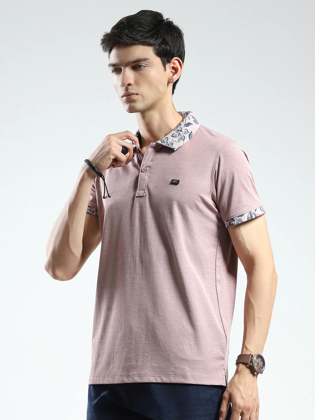 Men Pink Printed Collar Half Sleeve T-Shirt - Image 3