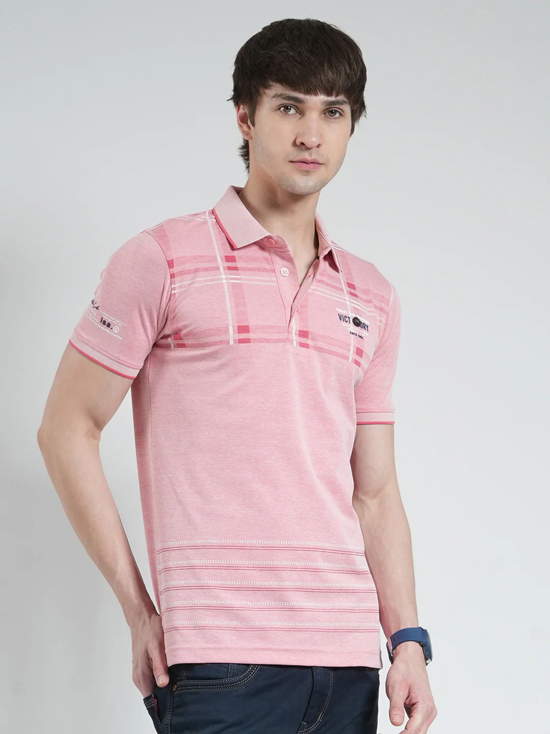 Men Pink Printed Collar Half Sleeve T-Shirt - Image 4
