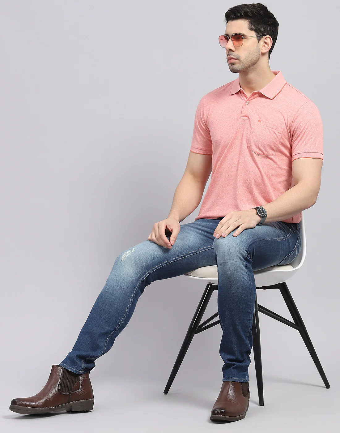 Men Pink Printed Polo Collar Half Sleeve T-Shirt - Image 2