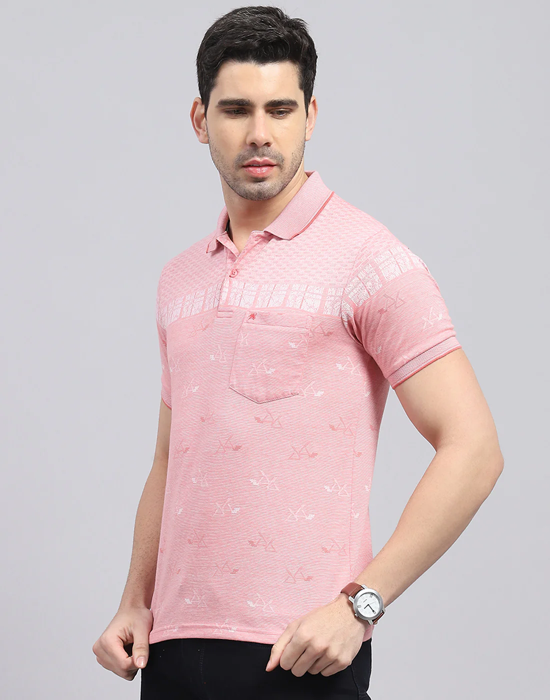 Men Pink Printed Polo Collar Half Sleeve T-Shirt - Image 3