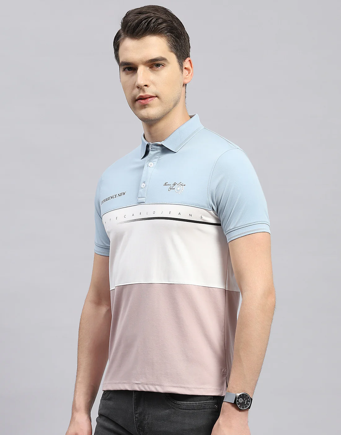 Men Pink Printed Polo Collar Half Sleeve T-Shirt - Image 3