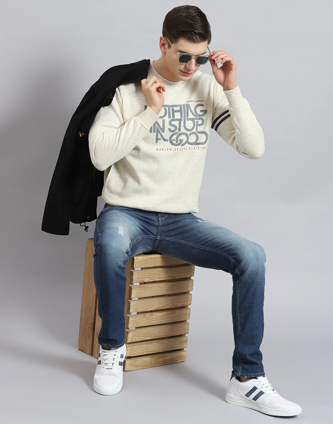 Men Beige Printed Round Neck Full Sleeve Sweatshirt - Image 2