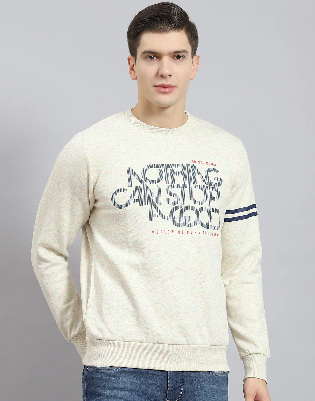 Men Beige Printed Round Neck Full Sleeve Sweatshirt - Image 3