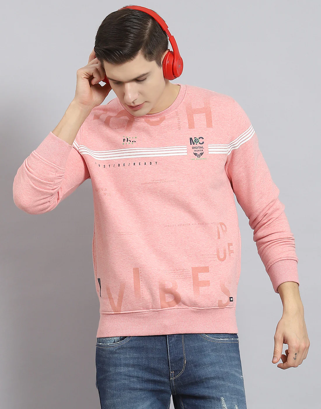 Men Pink Printed Round Neck Full Sleeve Sweatshirt - Image 2
