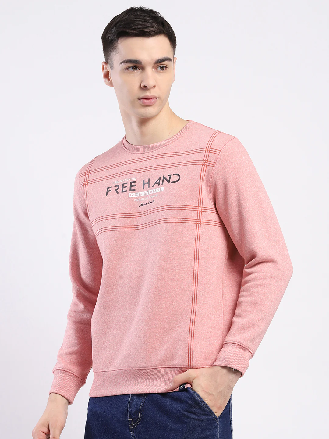 Men Pink Printed Round Neck Full Sleeve Sweatshirt - Image 3