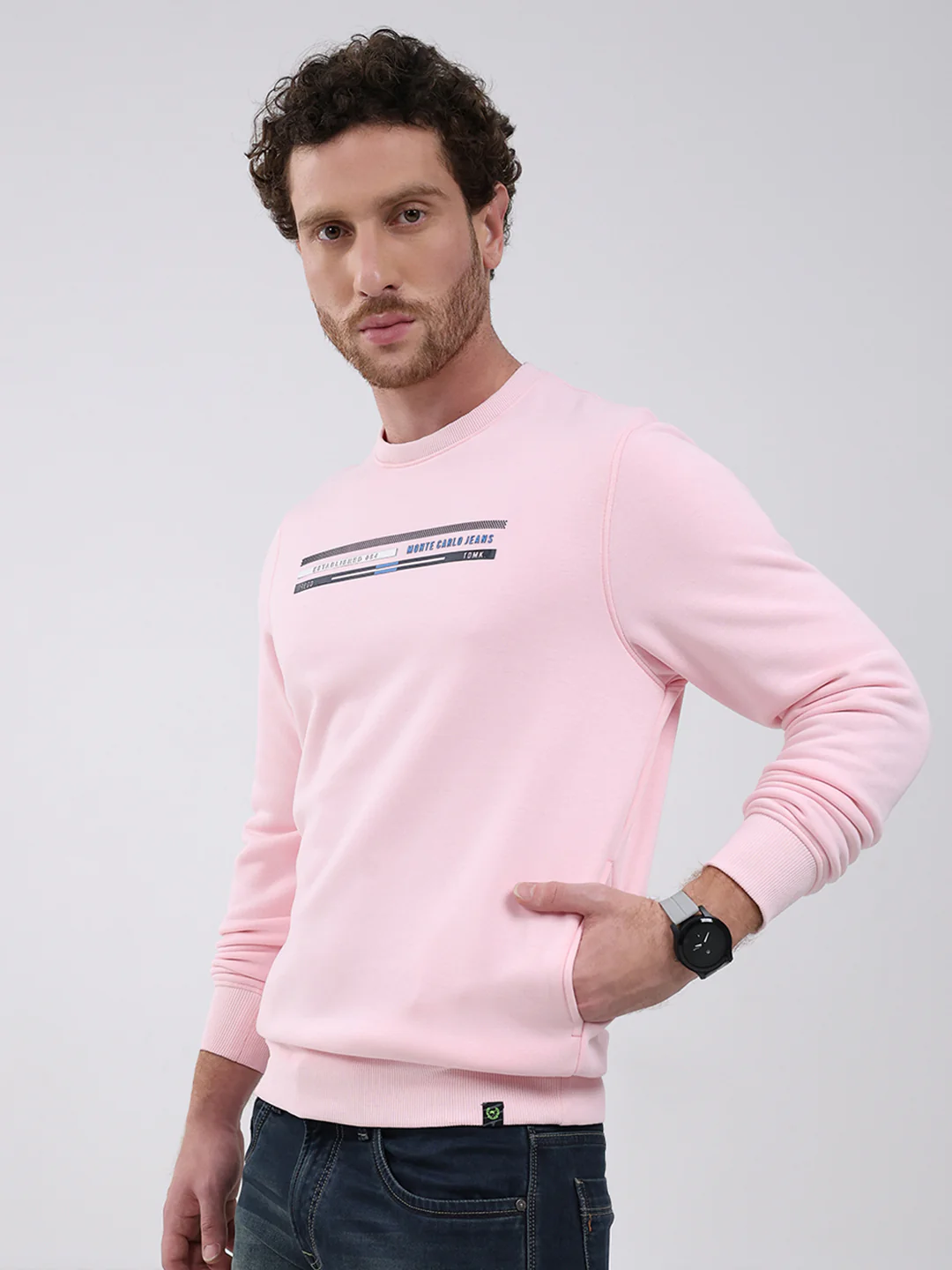 Men Pink Printed Round Neck Full Sleeve Sweatshirt - Image 3