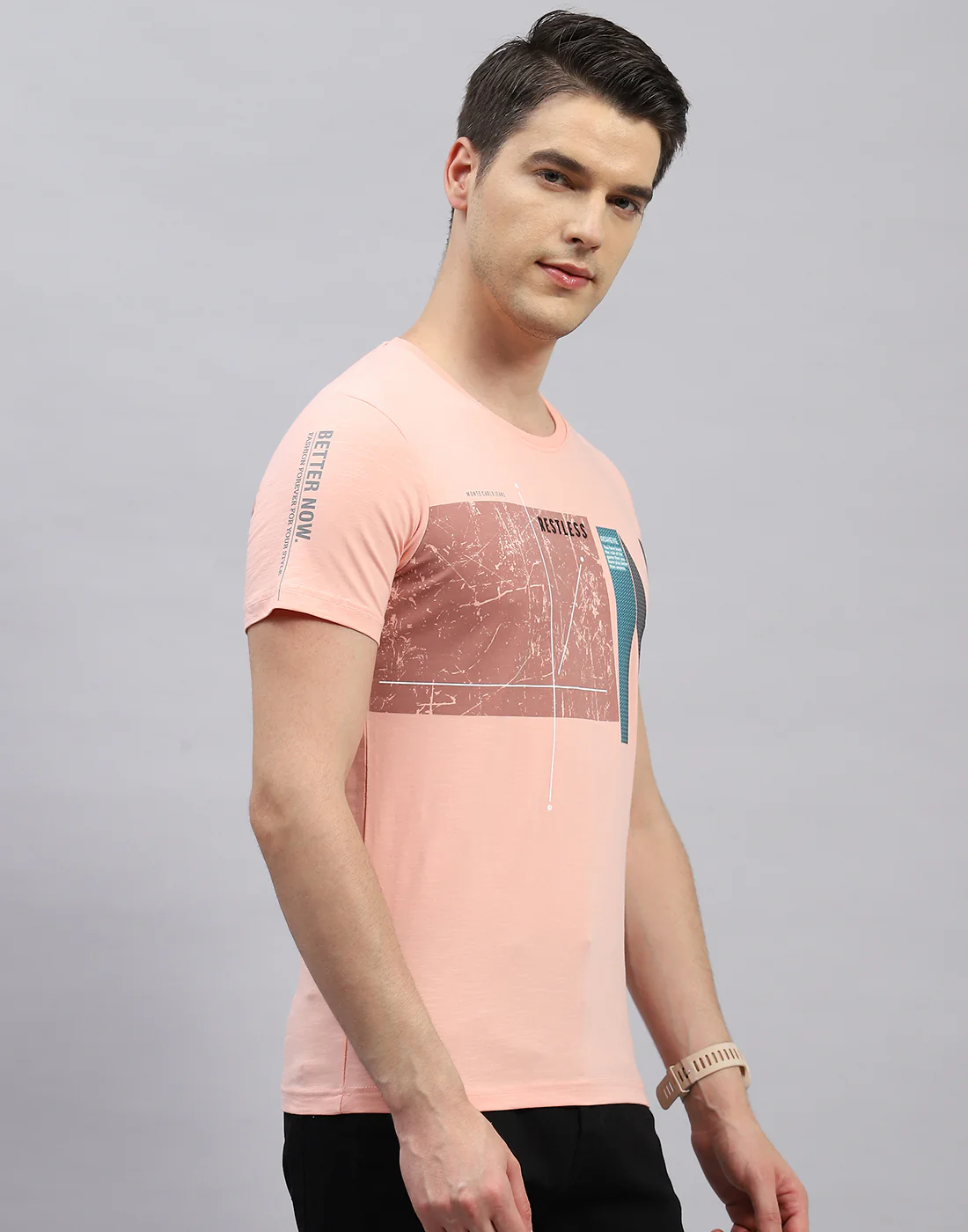 Men Pink Printed Round Neck Half Sleeve T-Shirt - Image 4