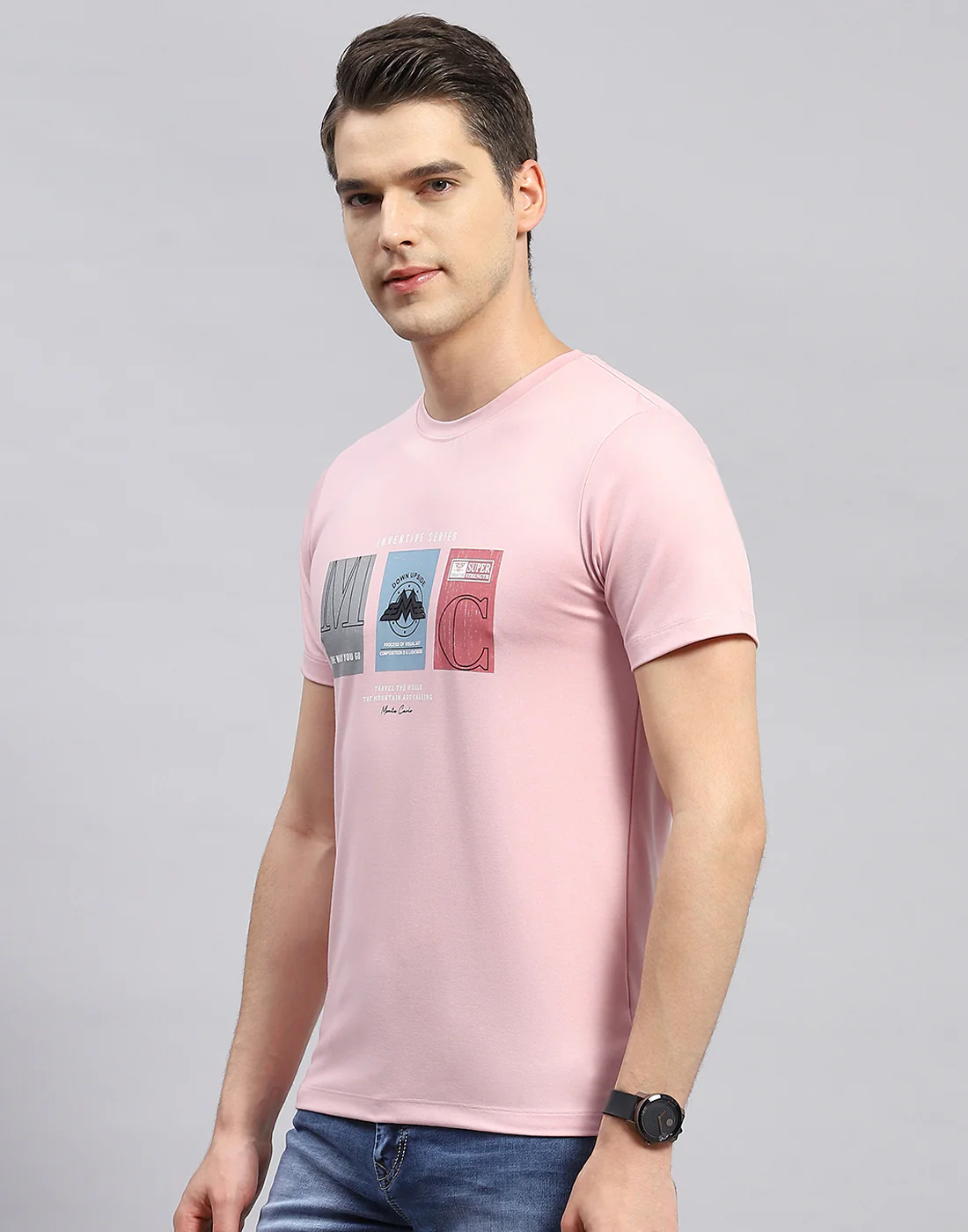 Men Pink Printed Round Neck Half Sleeve T-Shirt - Image 3