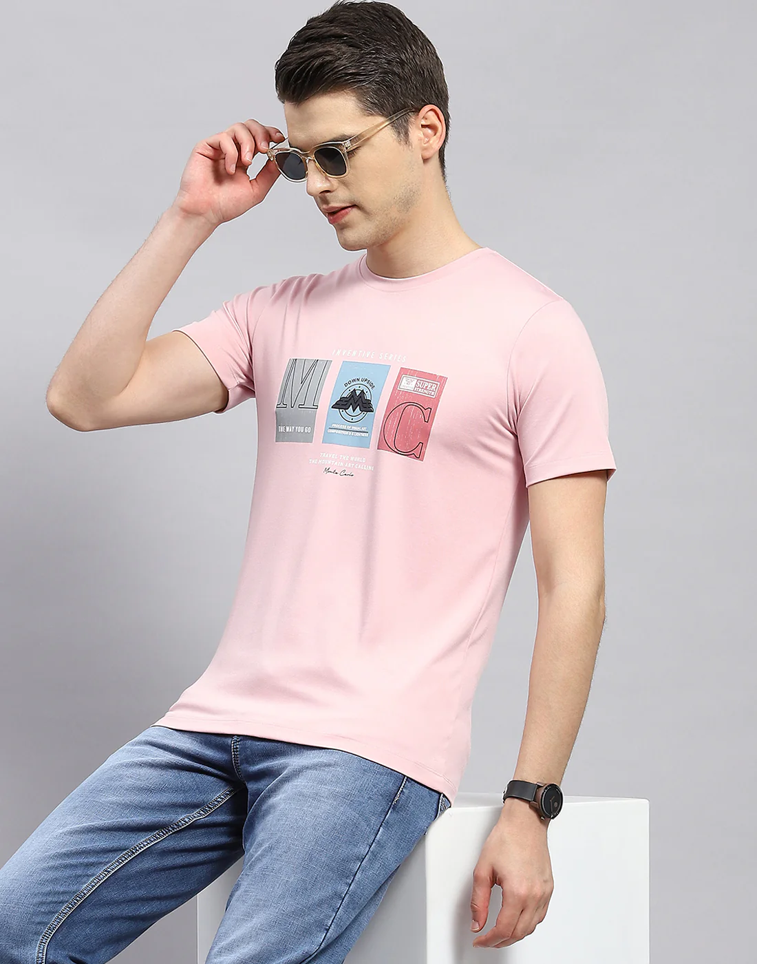 Men Pink Printed Round Neck Half Sleeve T-Shirt - Image 6