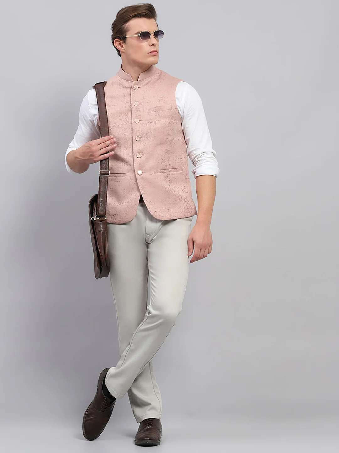 Men Pink Self Design Band Collar Sleeveless Coat - Image 2