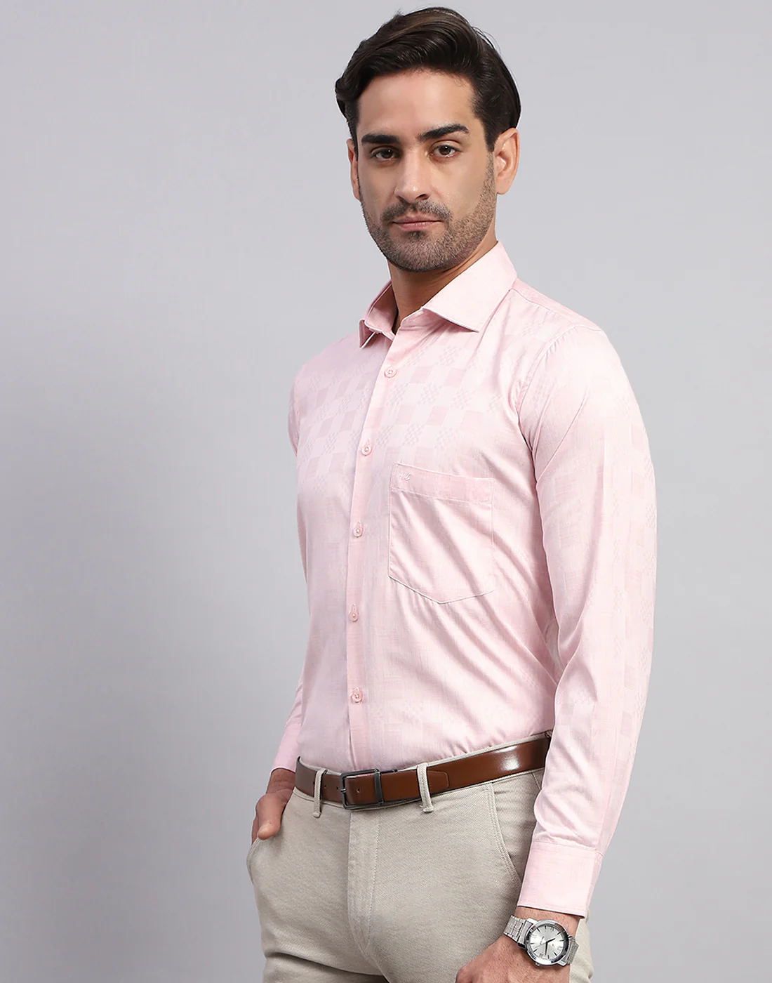 Men Pink Self Design Collar Full Sleeve Shirt - Image 3