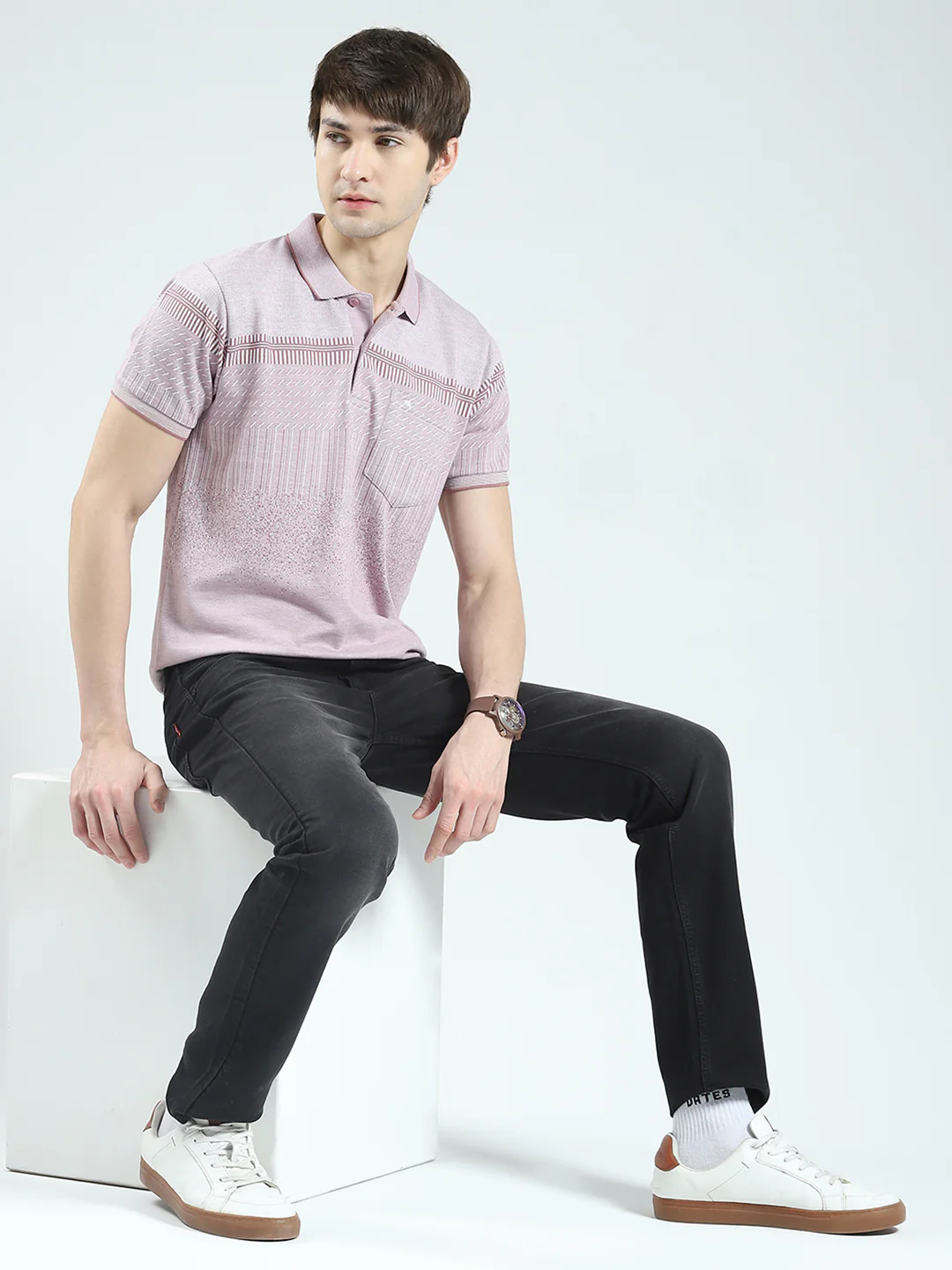 Men Pink Self Design Collar Half Sleeve T-Shirt - Image 2