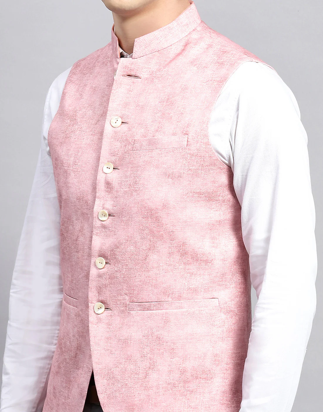 Men Pink Self Design Mandarin Collar Sleeveless Nehru Jacket - Image 6