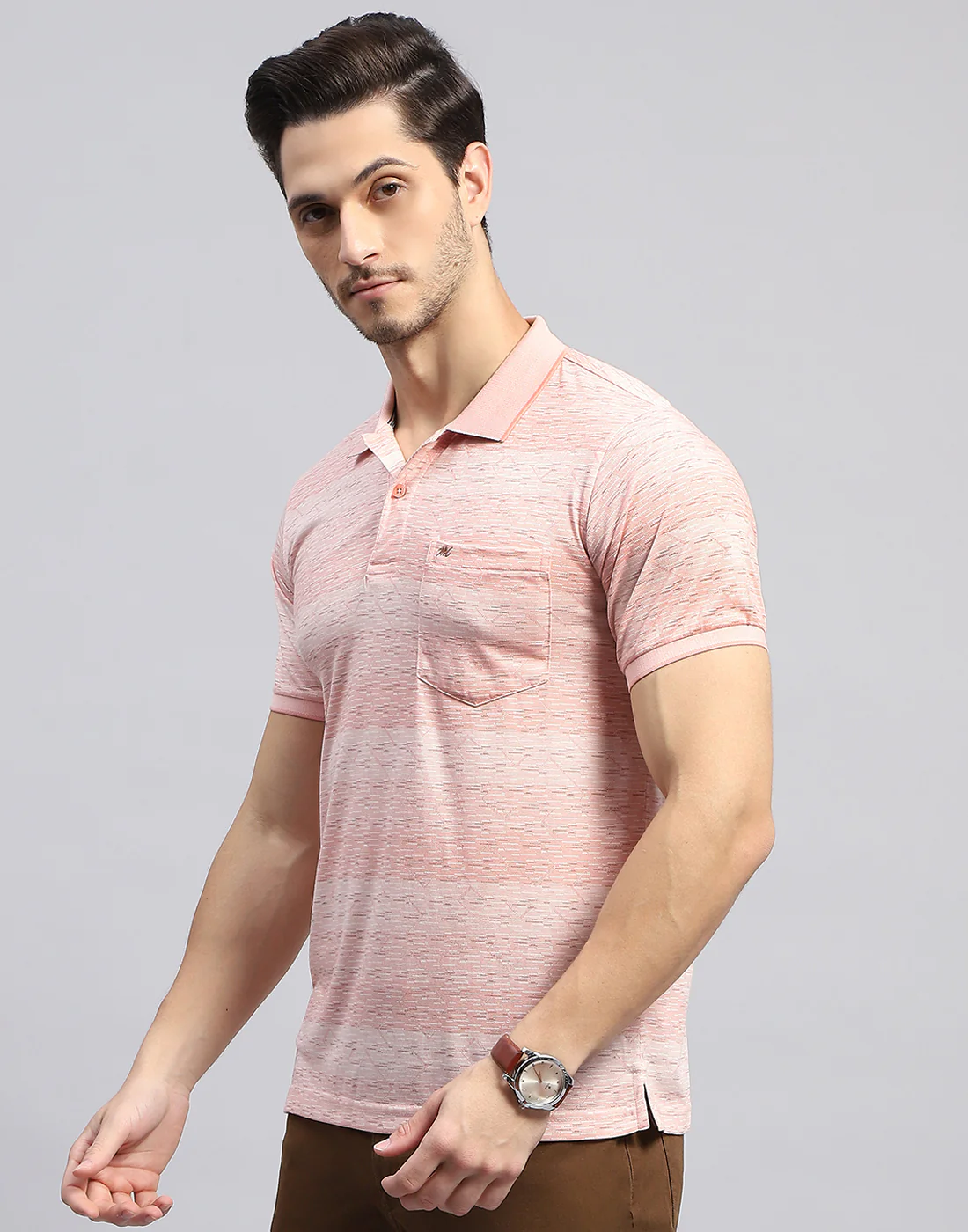 Men Pink Self Design Polo Collar Half Sleeve T-Shirt - Image 3