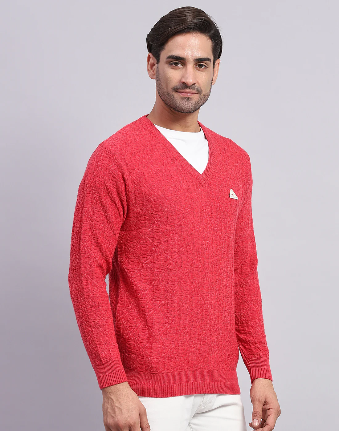 Men Pink Self Design V Neck Full Sleeve Pullover - Image 4