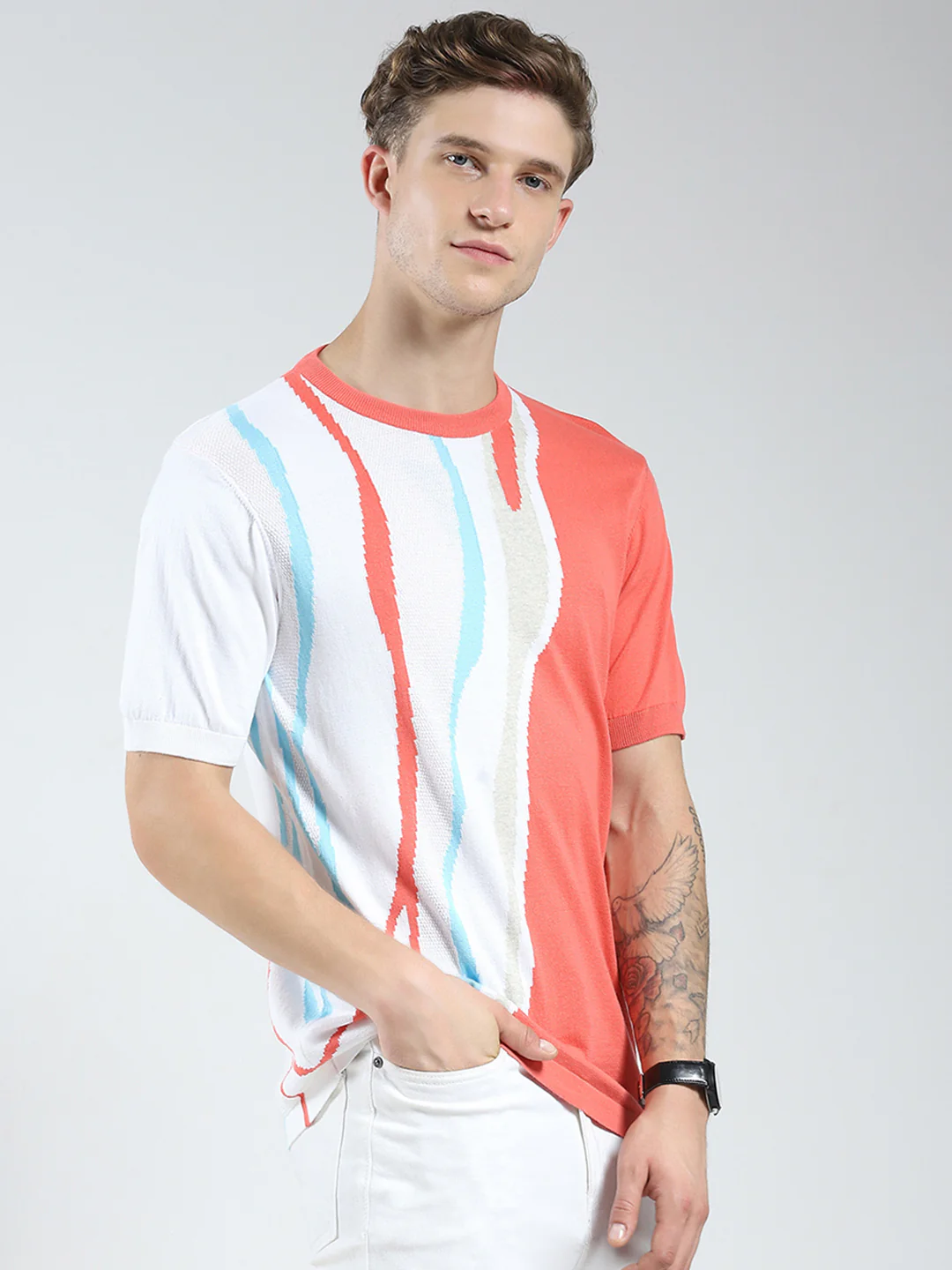 Men Pink Self Design Round Neck Half Sleeve T-Shirt - Image 3