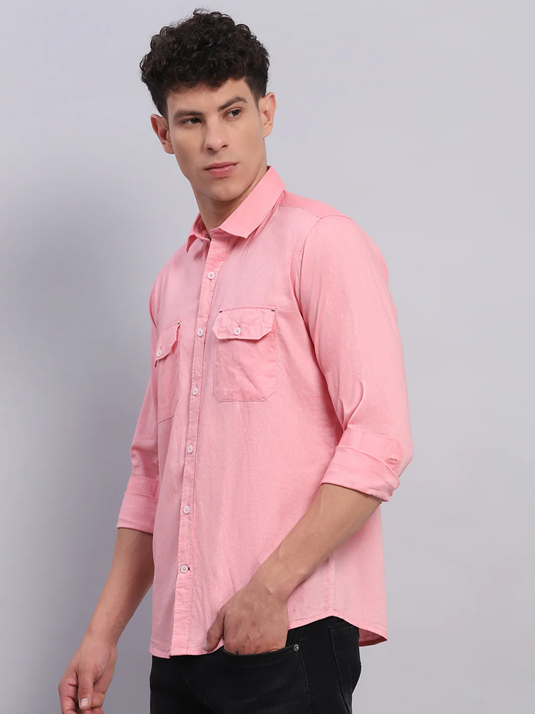 Men Pink Solid Collar Full Sleeve Shirt - Image 3