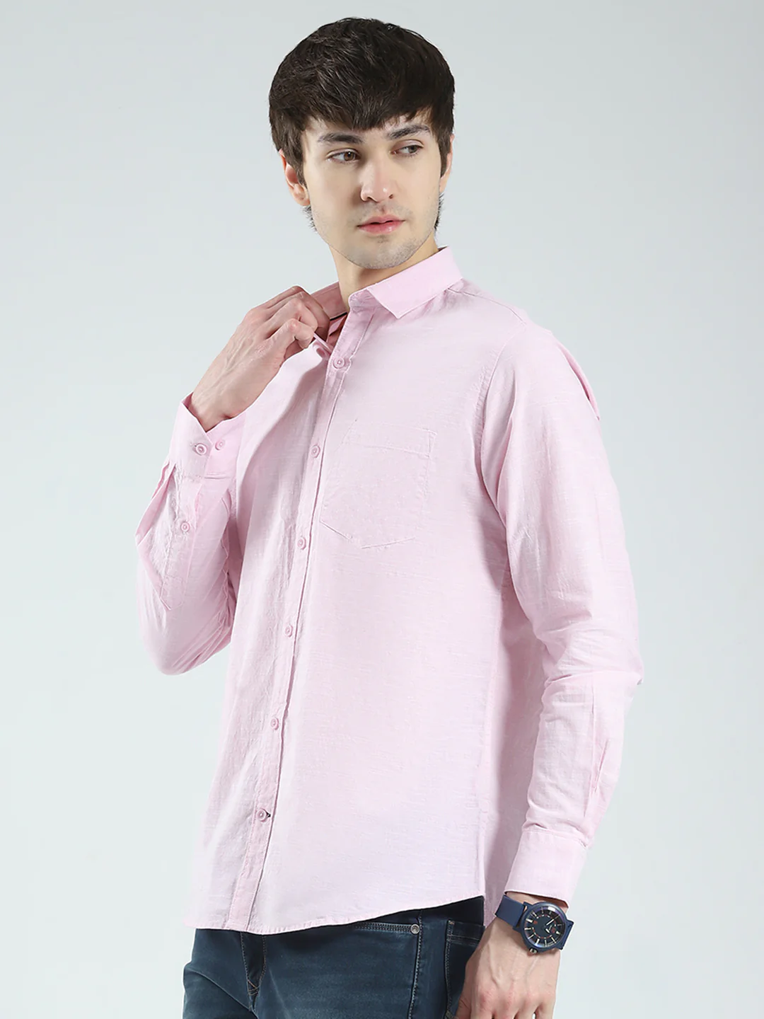 Men Pink Solid Collar Full Sleeve Shirt - Image 3