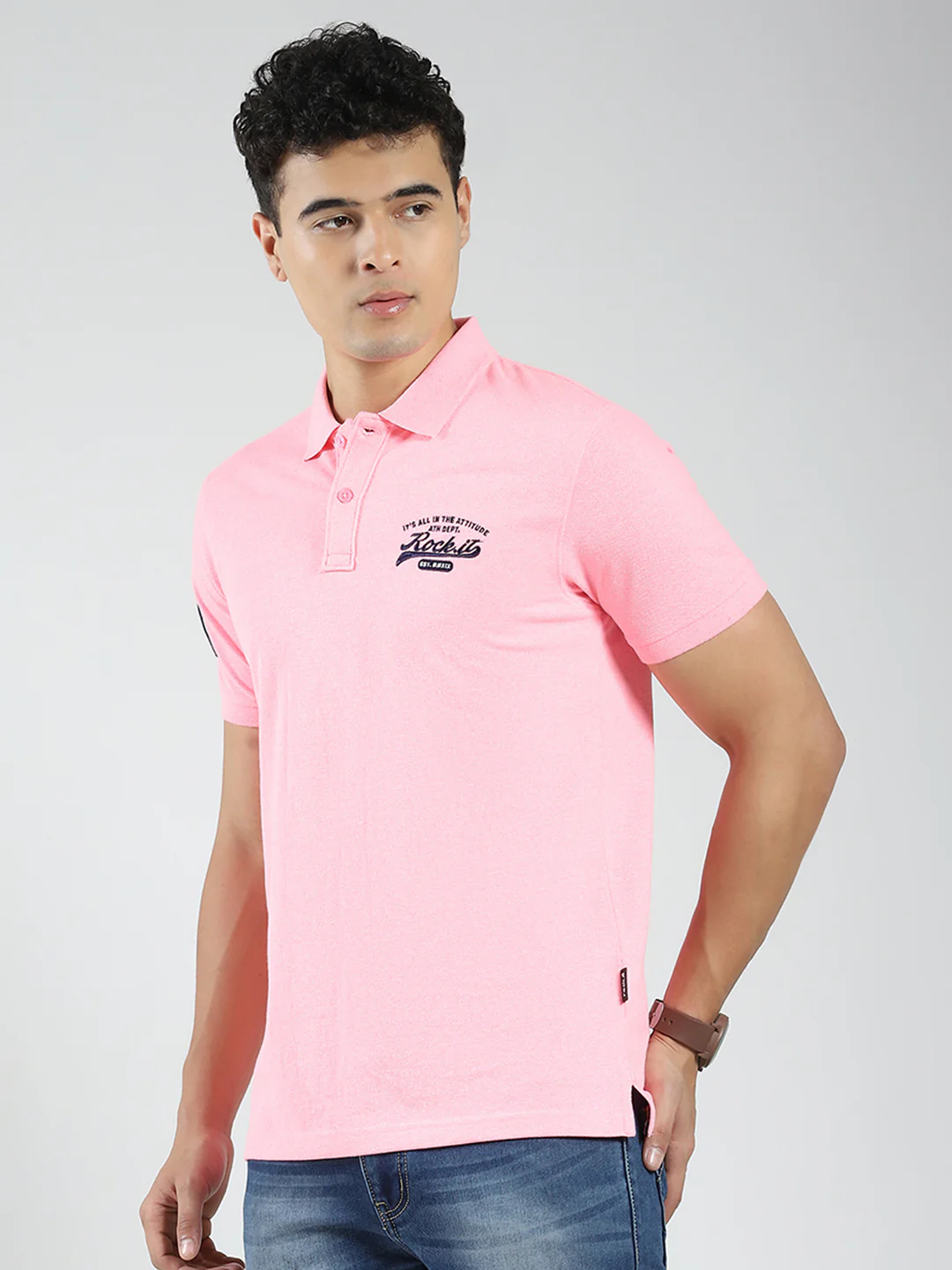 Rock.it Men Pink Solid Collar Half Sleeve T-Shirt - Image 3