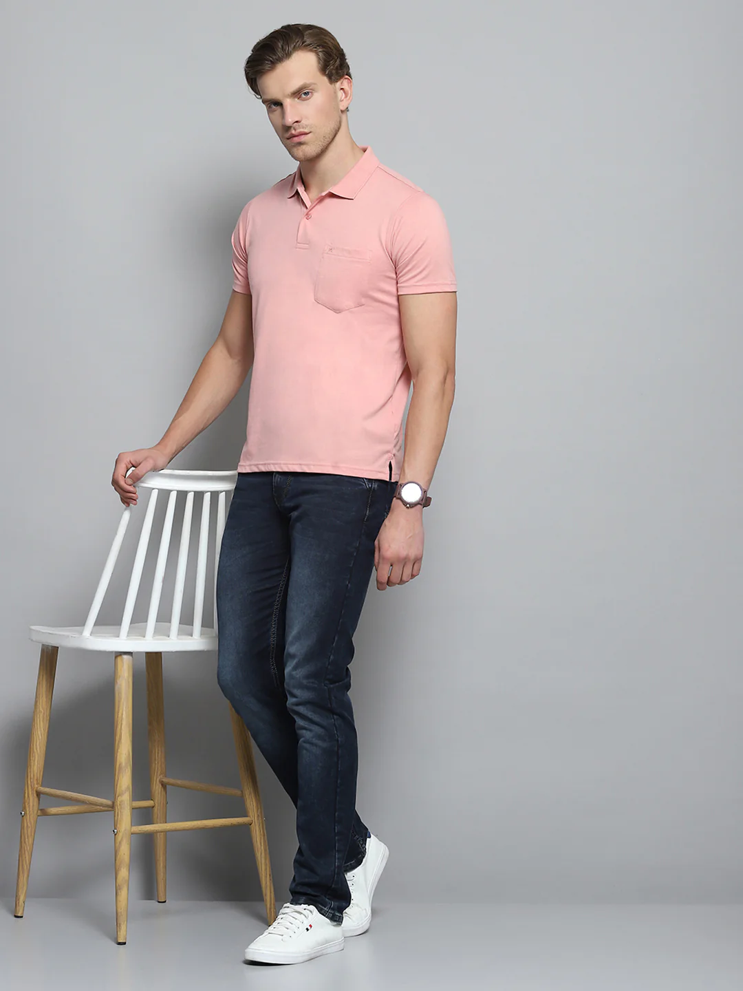 Men Pink Solid Collar Half Sleeve T-Shirt - Image 2
